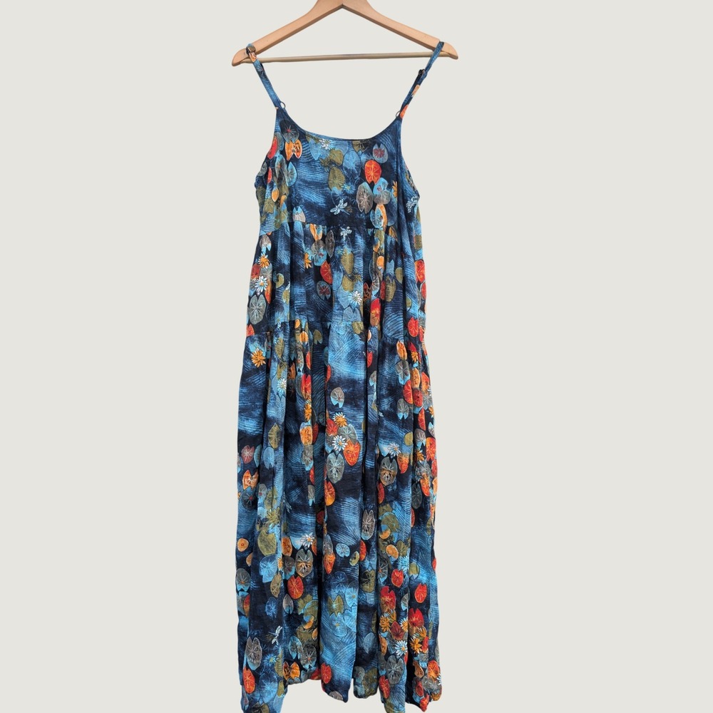 YESNO Tiered Maxi Dress Womens M Blue Botanical 100% Cotton Lily Pad Lagenlook